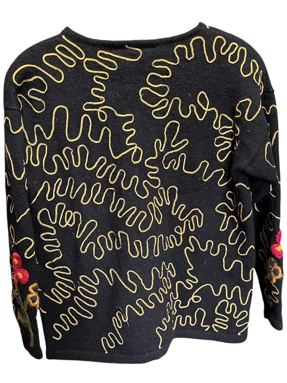 Sigrid Olsen Vintage 100 Wool Black Sweater with Multicolor Floral Embroidery - Picture 3 of 10